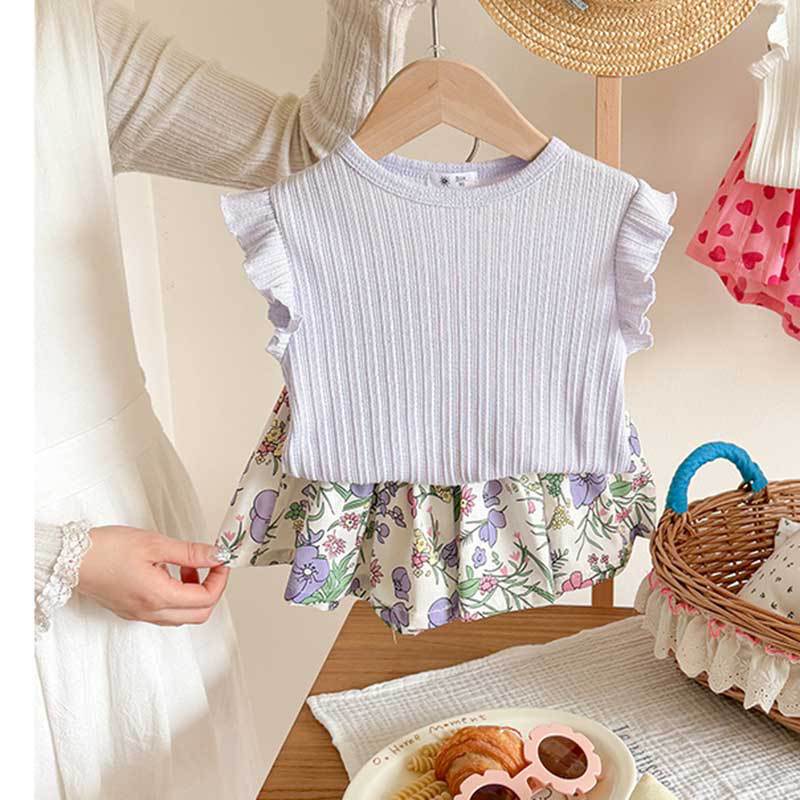 【90-140】ノースリトップス×総柄ショートパンツセット
