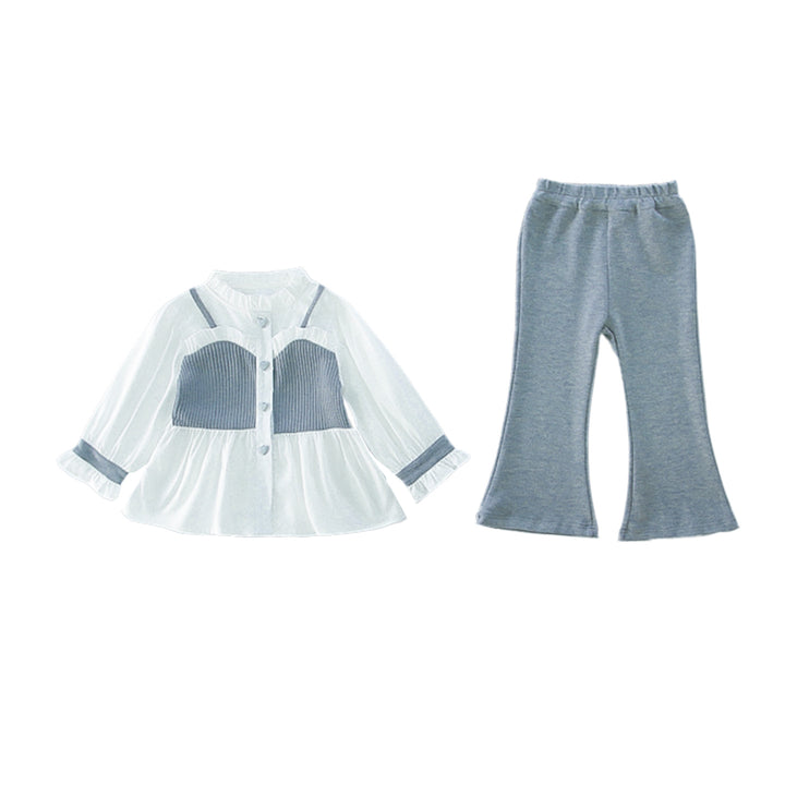 【90-140】レイヤード風シャツ×フレアパンツセット