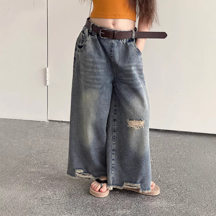 【100-150】クラッシュワイドデニムパンツ