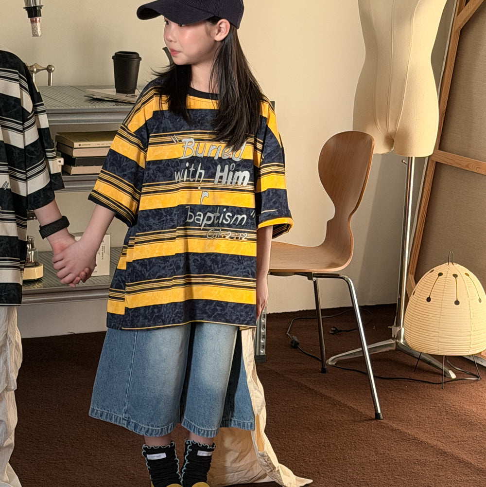 【100-150】英字ロゴデザインボーダー柄Tシャツ