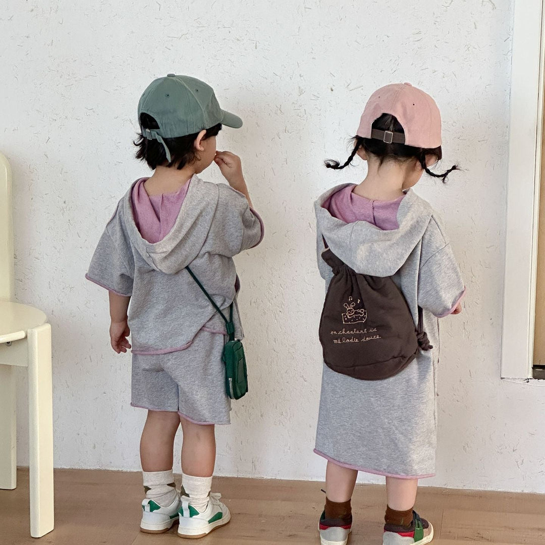 【80-150】ハーフボタンフーディートップス×ハーフパンツセット