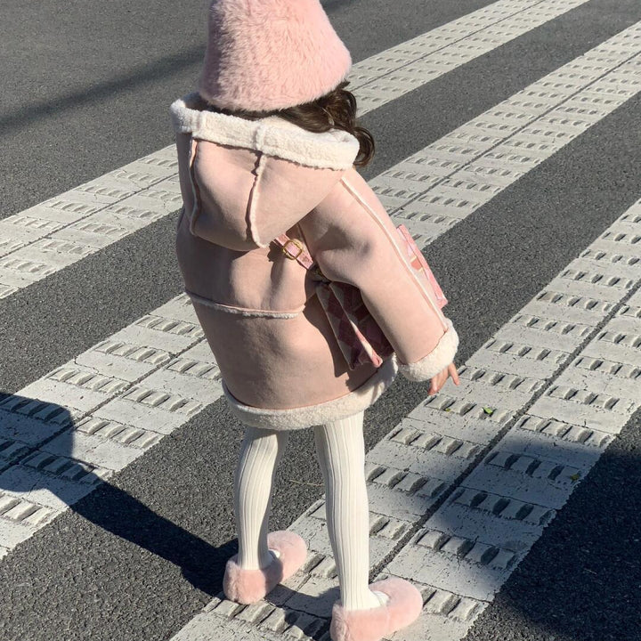 【90-140】フード付きカラーフェイクムートンショートコート