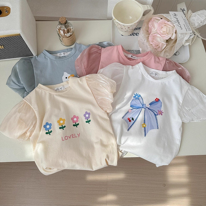 【90-140】フロントデザインパフスリーブTシャツ