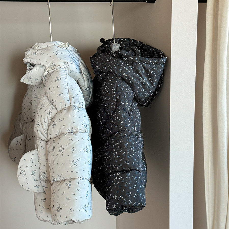 【90-140】フード付き小花柄中綿ジャケット