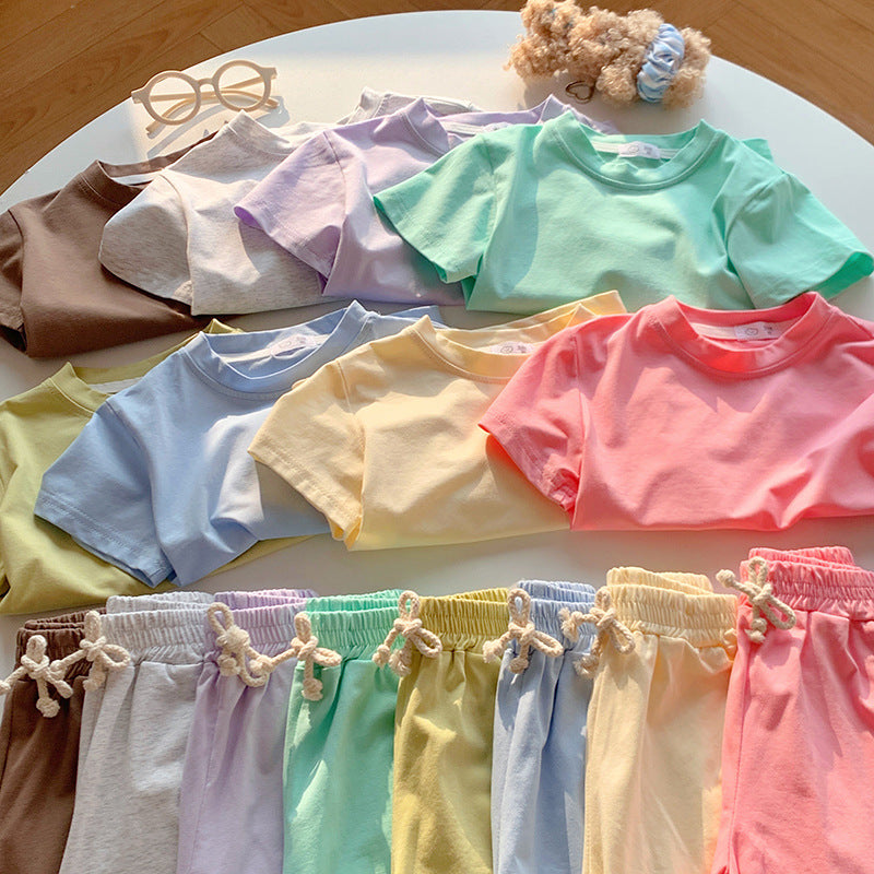 【90-150】シンプルカラーTシャツ×ハーフパンツセット