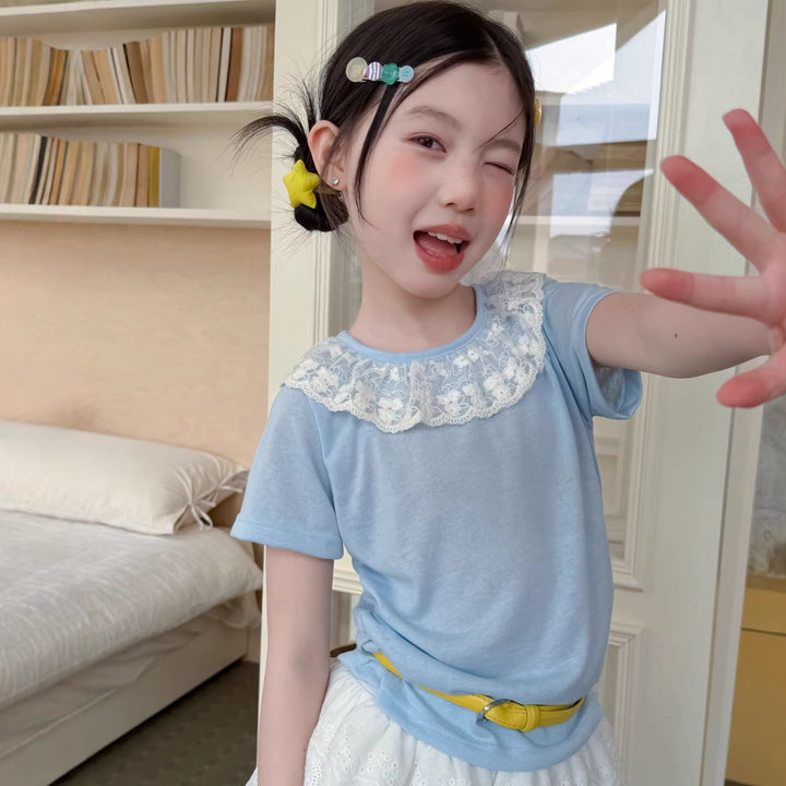 【100-150】レースラッフルカラーTシャツ