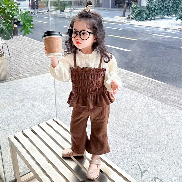 【90-140】レイヤード風トップス×フレアロングパンツセット