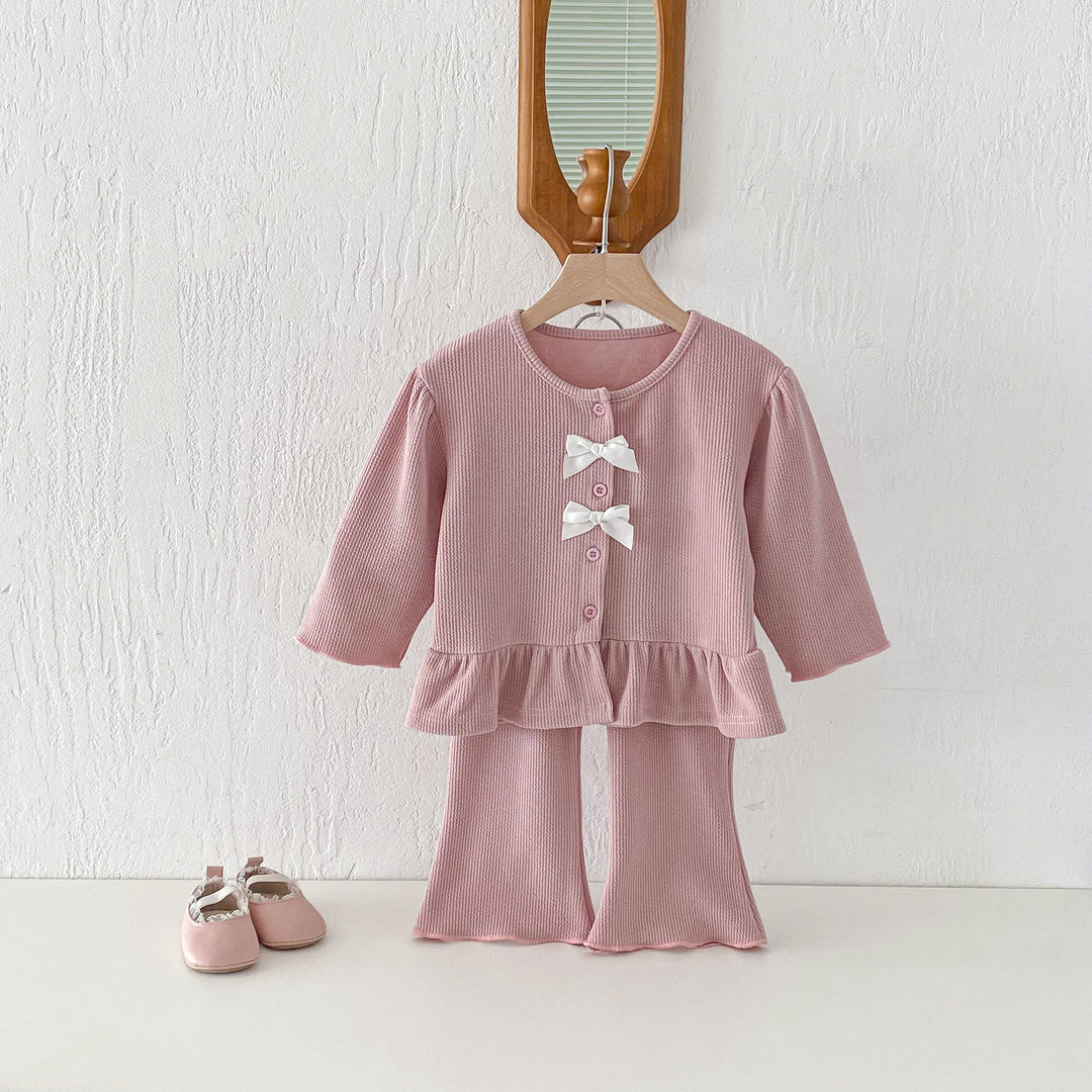 【80-130】フリルヘムカーデ×ロングパンツセット