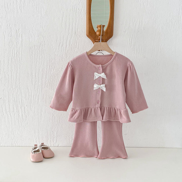 【80-130】フリルヘムカーデ×ロングパンツセット