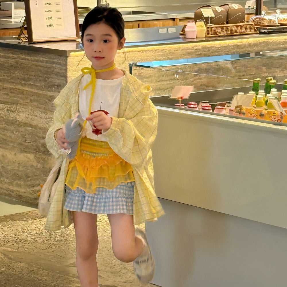 【90-150】チェック柄フーディーシャツ