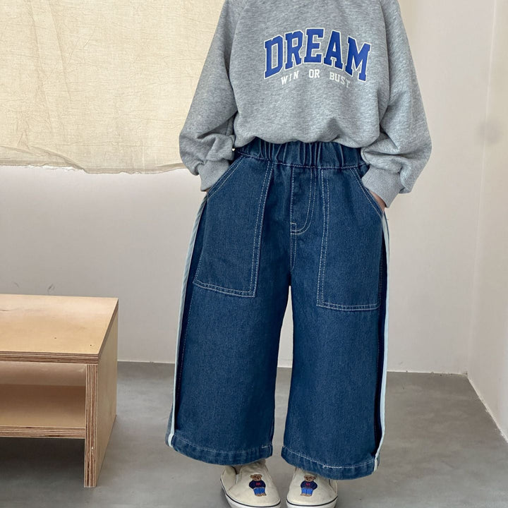 【80-150】ラインデザインワイドデニムパンツ