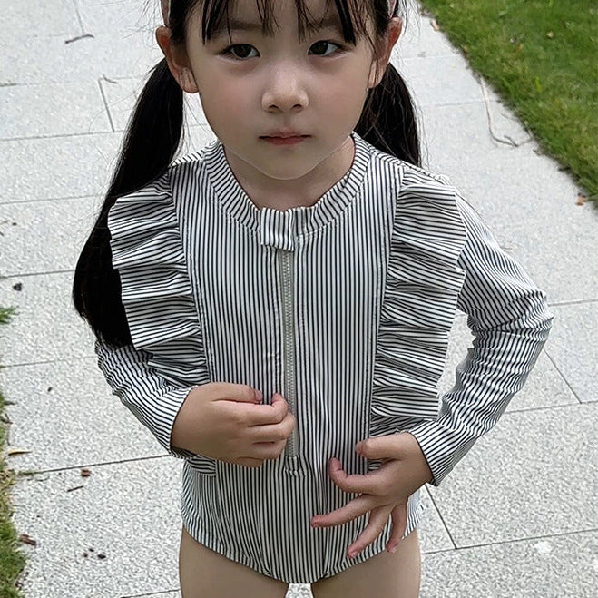 【90-140】細ストライプフリルスイムウェア
