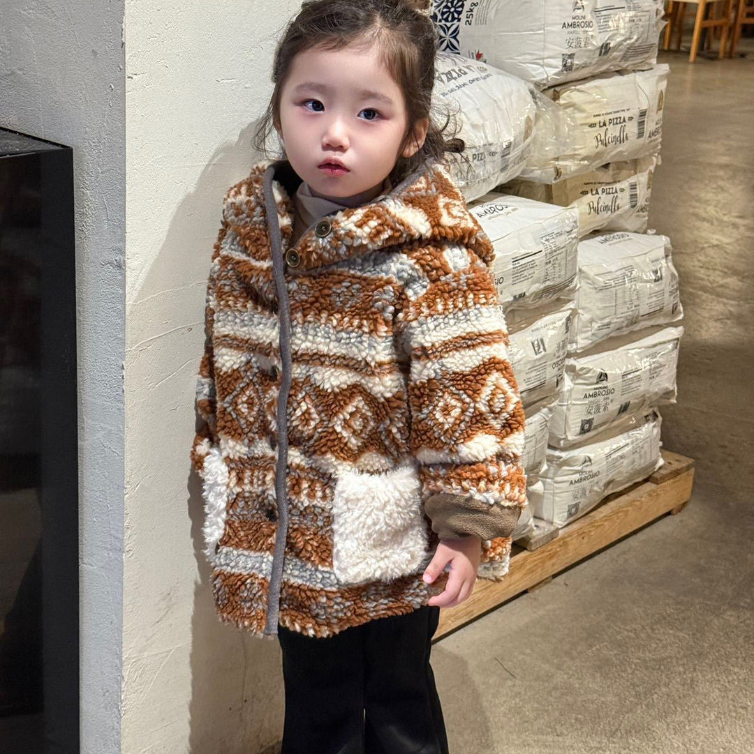 【90-140】ポンポン付きパターンプリントショートコート