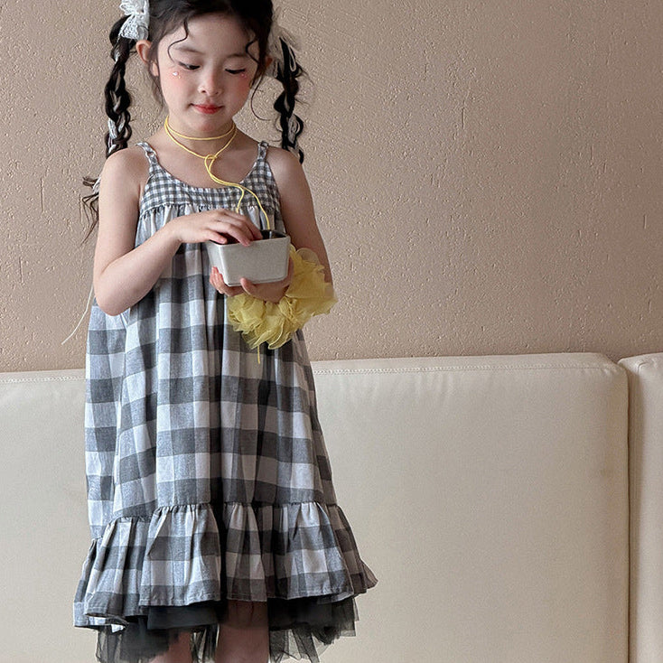 【90-150】フリルヘムギンガムチェックキャミワンピース