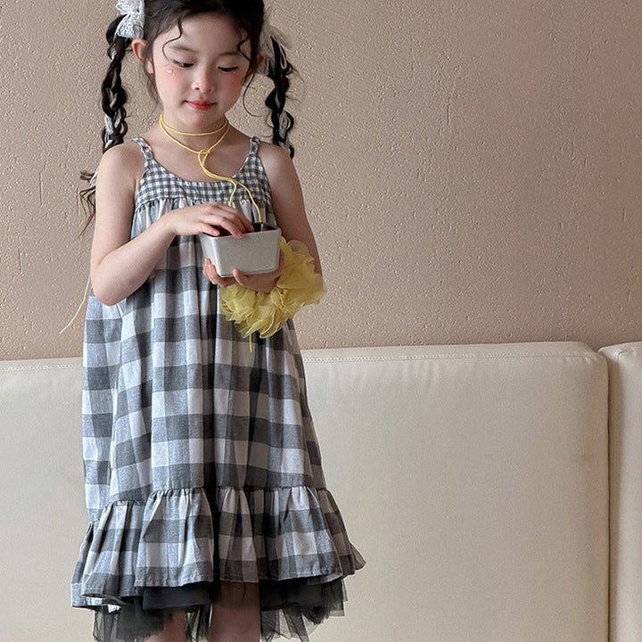 【90-150】フリルヘムギンガムチェックキャミワンピース