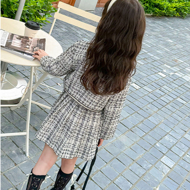 【90-140】ツイード風ジャケット×長袖ワンピースセット