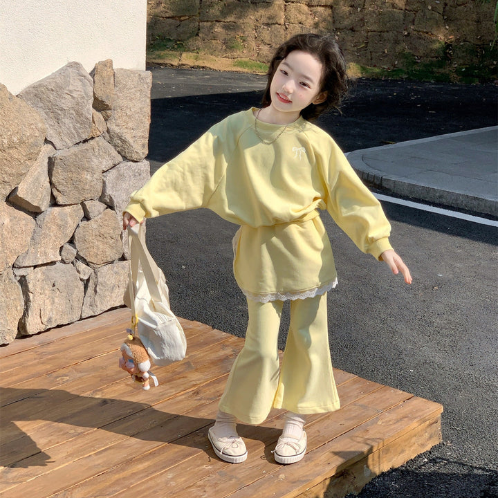 【90-140】トレーナー×レイヤード風フレアパンツセット