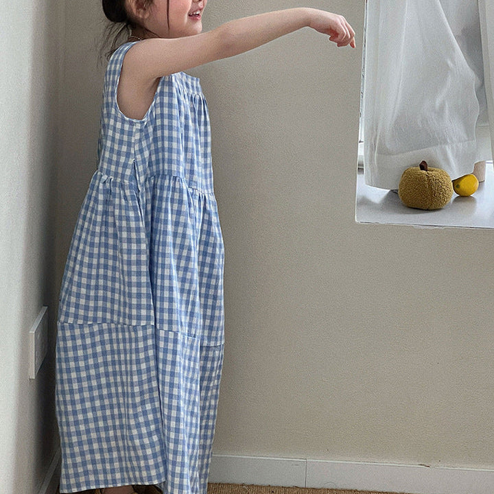 【90-150】ギンガムチェックマキシ丈ワンピース
