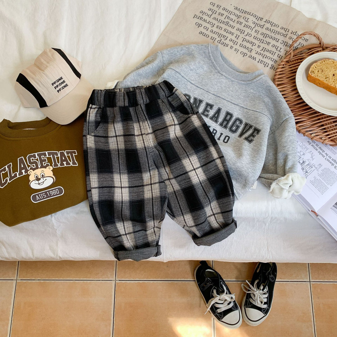 【90-140】チェック柄カジュアルパンツ