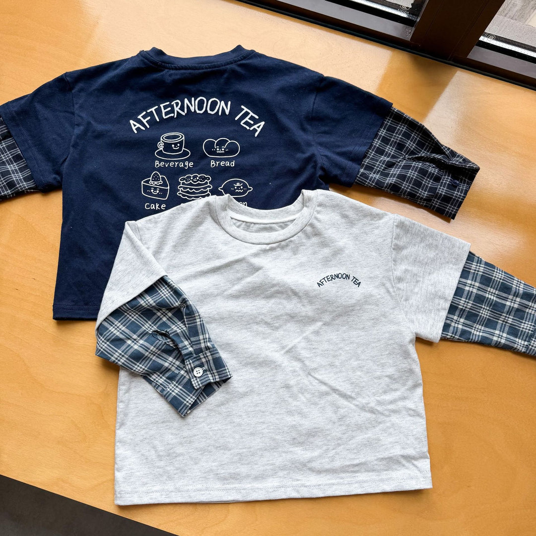 【80-150】バックプリントレイヤード風長袖Tシャツ