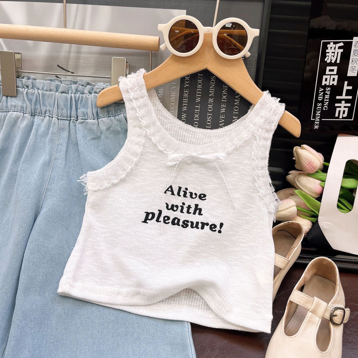【100-140】レースデザインロゴトップス×デニムワイドパンツセット