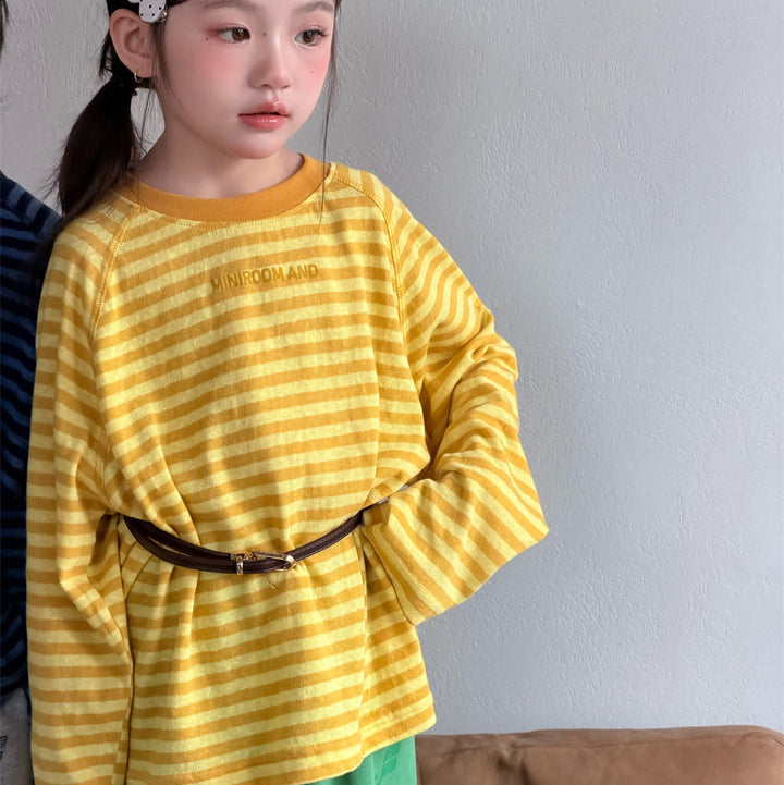 【90-150】ボーダーミニ英字ロゴ長袖Tシャツ