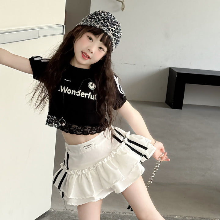 【100-150】レースヘムショート丈Tシャツ