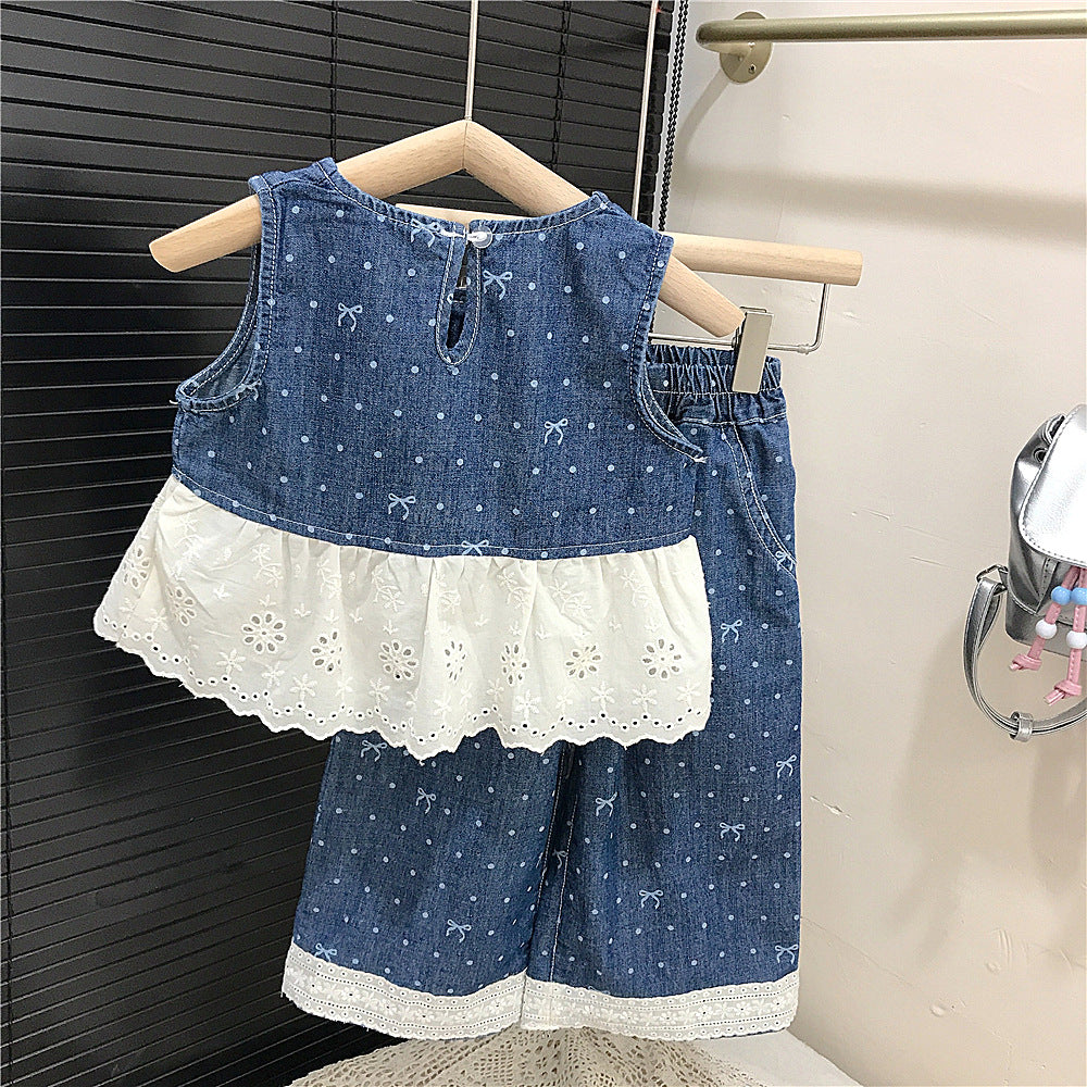 【90-140】リボン柄レースヘムデザインデニムセットアップ