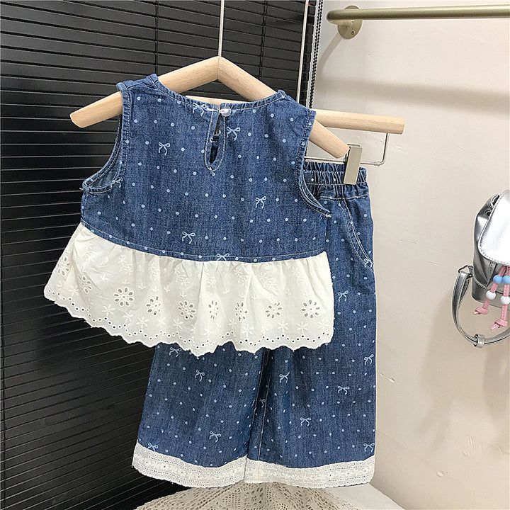 【90-140】リボン柄レースヘムデザインデニムセットアップ