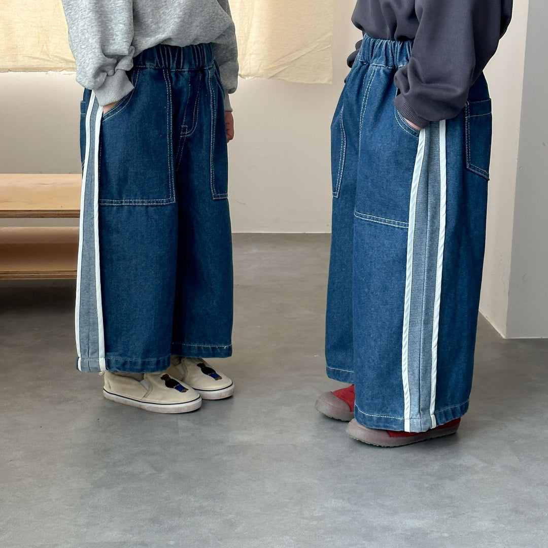【80-150】ラインデザインワイドデニムパンツ