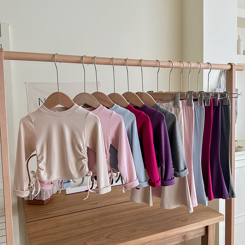 【90-140】ウエストシャーリングトップス×フレアパンツセット