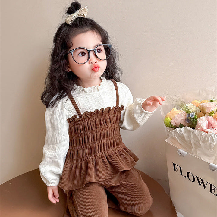 【90-140】レイヤード風トップス×フレアロングパンツセット