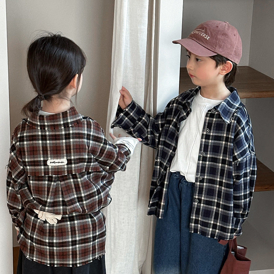 【80-140】カラーデザインチェック柄シャツ