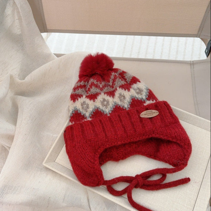 【48-52cm】ポンポン付きフェアアイル柄ニット帽