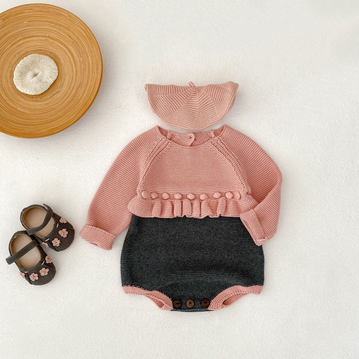 【73-90】バイカラーウエストフリルニットロンパース