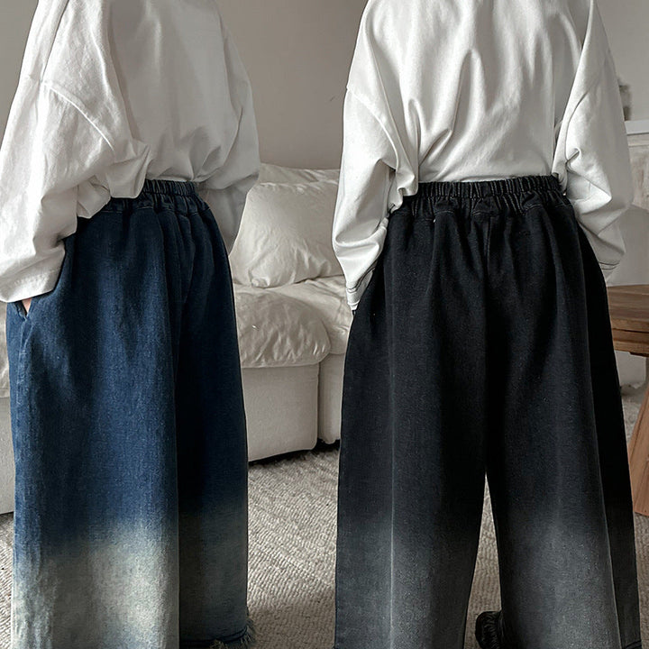 【80-140】カットオフデザインワイドデニムパンツ