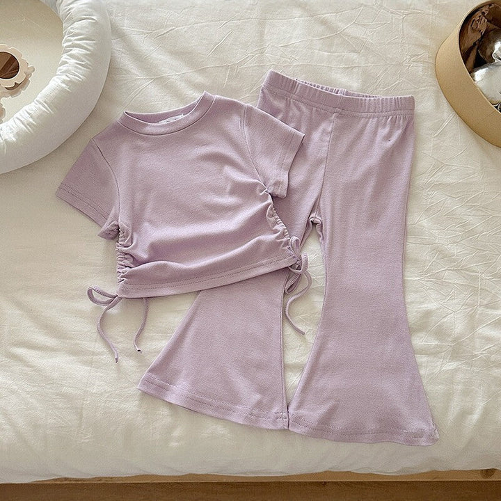 【90-140】ウエストシャーリングTシャツ×フレアパンツセット