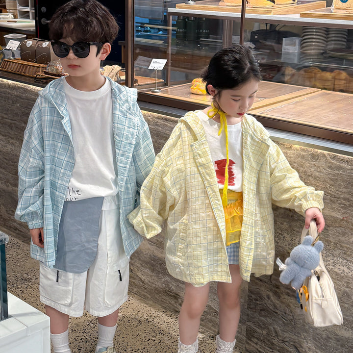 【90-150】チェック柄フーディーシャツ