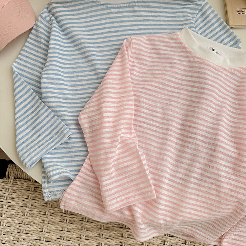 【90-150】ボーダー柄シンプルロングTシャツ