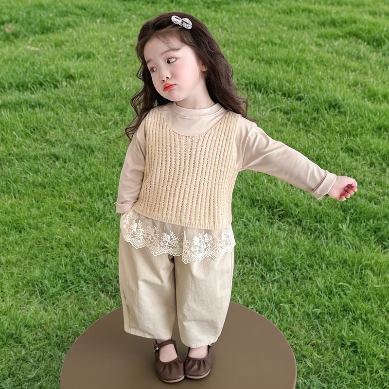 【90-140】レースヘムトップス×ベスト×ロングパンツセット