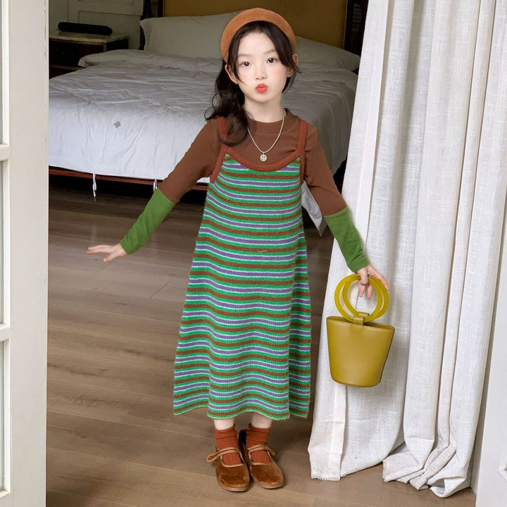 【90-140】マルチボーダーニットワンピース