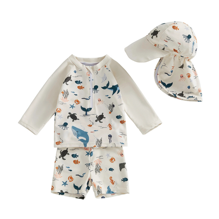 【6ヵ月-4歳】帽子付き総柄セパレートスイムウェア