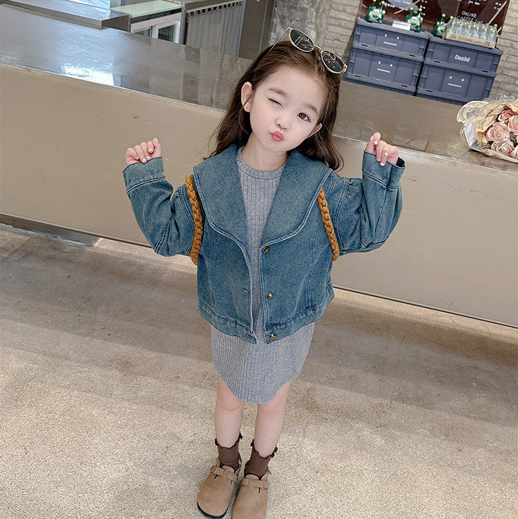 【90-140】ニットワンピース×デニムジャケットセット