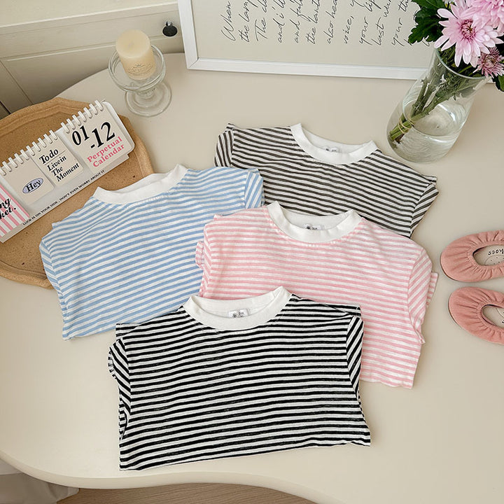 【90-150】ボーダー柄シンプルロングTシャツ