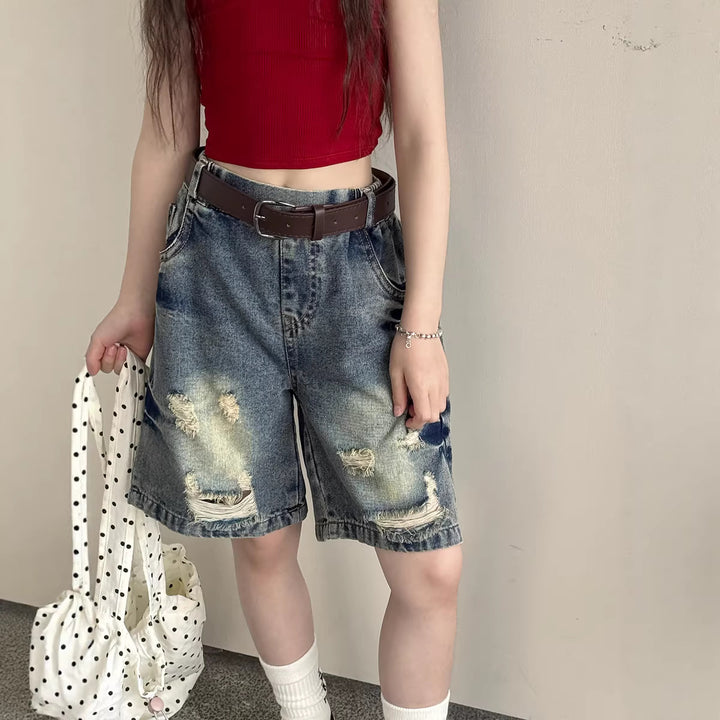 【100-150】ダメージ加工風ベルト付きハーフデニムパンツ