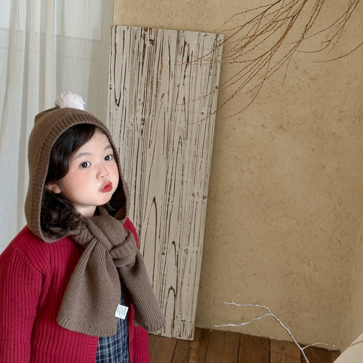 ポンポンフード付きマフラー