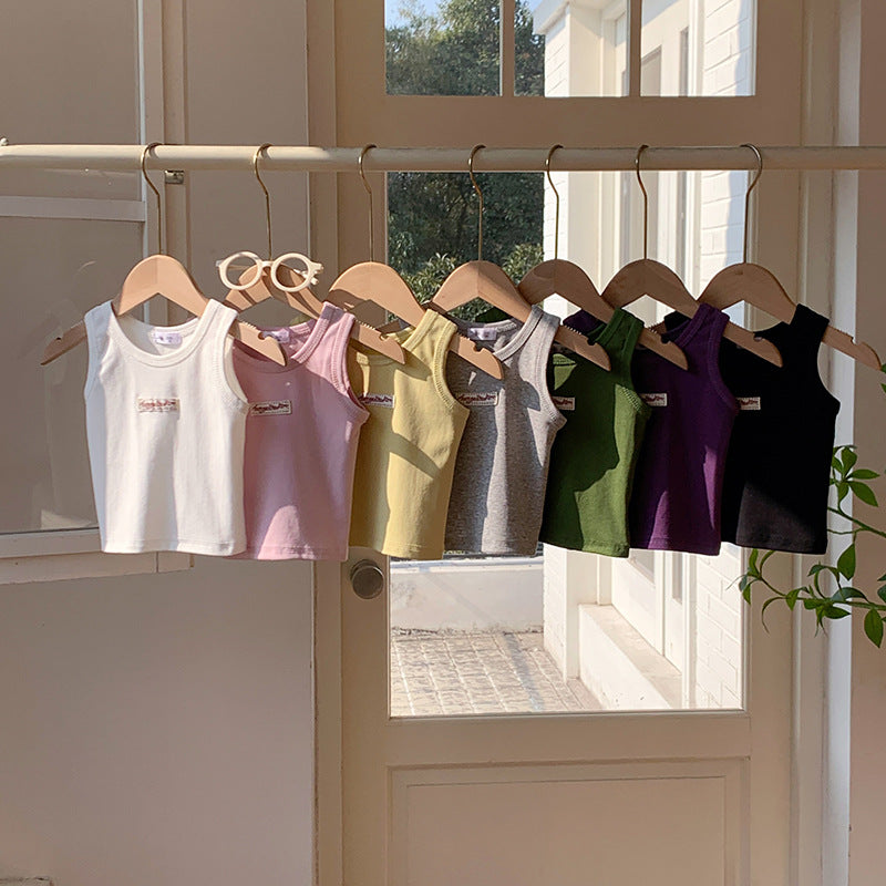 【90-150】ワンポイントワッペンノースリーブトップス