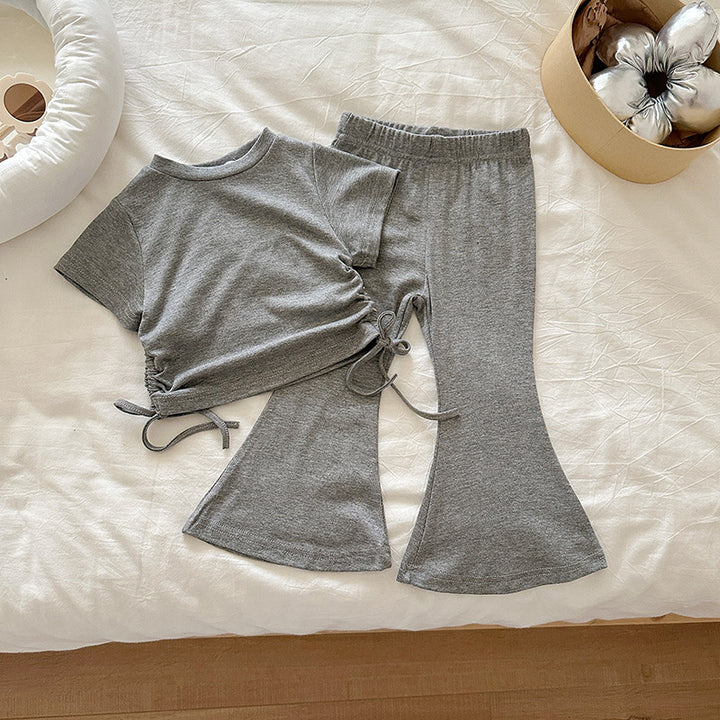 【90-140】ウエストシャーリングTシャツ×フレアパンツセット