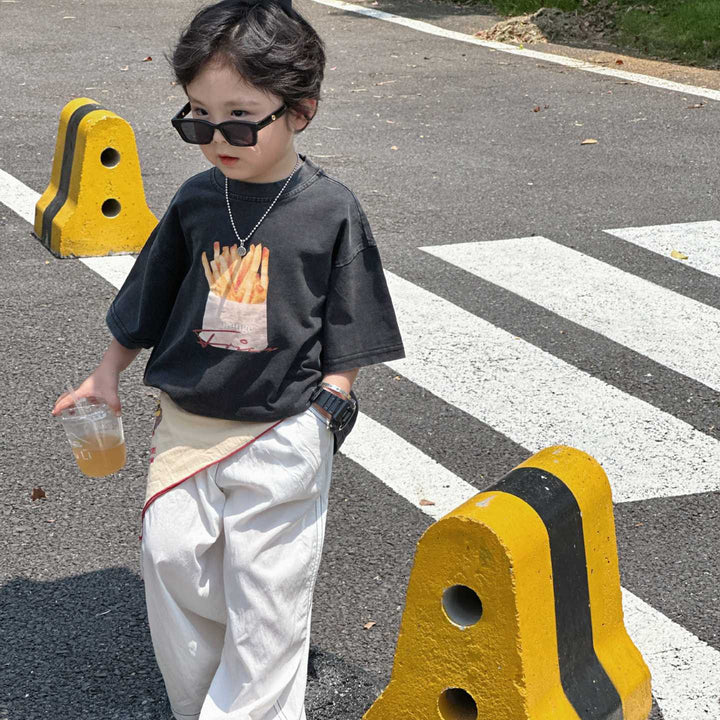 【90-140】フライドポテトプリントカジュアルTシャツ