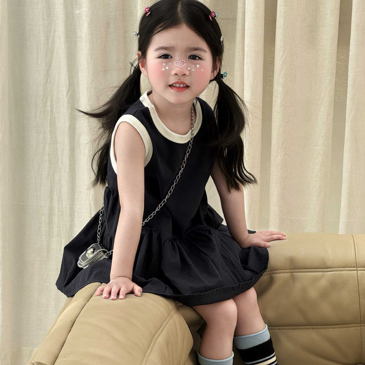 【90-140】デザイン切替バイカラーノースリワンピース